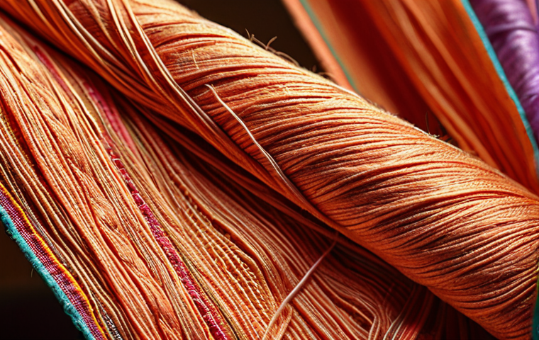 **Close-up of cotton fibers under a microscope, showcasing their cellulose structure. Add a hand holding a vibrant, intricately woven Thai silk fabric. The lighting should be bright and scientific, contrasting with the soft sheen of the silk.**
