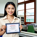 **

A confident Thai textile professional, maybe in a modern office or workshop setting, holding a certificate (the textile professional license).  Smiling and looking directly at the viewer. The background subtly includes textile machinery or fabric samples.  The overall mood is one of success and career advancement.

**