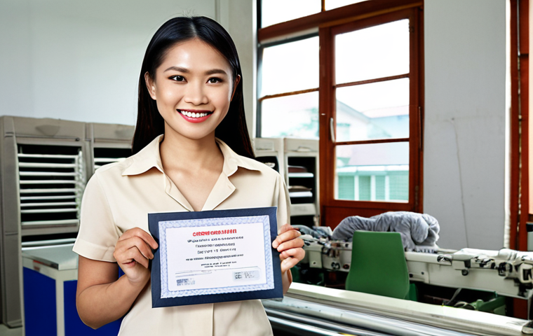 **

A confident Thai textile professional, maybe in a modern office or workshop setting, holding a certificate (the textile professional license).  Smiling and looking directly at the viewer. The background subtly includes textile machinery or fabric samples.  The overall mood is one of success and career advancement.

**