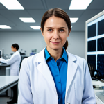 A skilled female textile engineer in a professional, modest lab coat over appropriate attire, standing confidently in a clean, state-of-the-art textile research laboratory. She is holding up a sample of an innovative, high-performance fabric, observing its properties under soft, diffused lighting. Advanced machinery and digital displays showing intricate fiber structures are visible in the background. This image captures the essence of scientific advancement in textiles. Perfect anatomy, correct proportions, natural pose, well-formed hands, proper finger count, natural body proportions, fully clothed, modest clothing, appropriate attire, professional dress, safe for work, appropriate content, family-friendly, professional photography, high quality, sharp focus, vibrant colors, futuristic aesthetic.