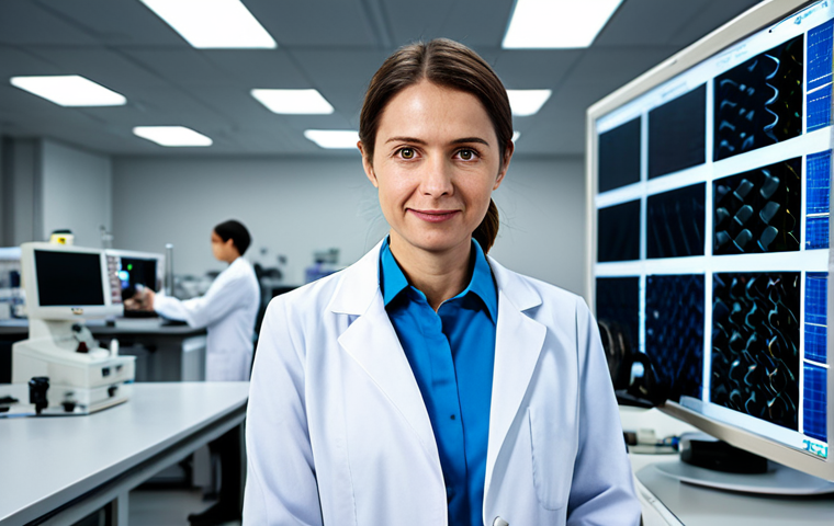 A skilled female textile engineer in a professional, modest lab coat over appropriate attire, standing confidently in a clean, state-of-the-art textile research laboratory. She is holding up a sample of an innovative, high-performance fabric, observing its properties under soft, diffused lighting. Advanced machinery and digital displays showing intricate fiber structures are visible in the background. This image captures the essence of scientific advancement in textiles. Perfect anatomy, correct proportions, natural pose, well-formed hands, proper finger count, natural body proportions, fully clothed, modest clothing, appropriate attire, professional dress, safe for work, appropriate content, family-friendly, professional photography, high quality, sharp focus, vibrant colors, futuristic aesthetic.
