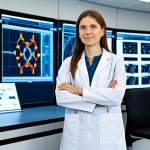 A diverse professional textile engineer, fully clothed in a modest lab coat over appropriate professional attire, stands confidently in a bright, futuristic textile research and development lab. The lab features transparent displays showcasing intricate smart fabric designs, integrated sensors, and holographic projections of bio-monitoring data. Advanced machinery for textile weaving and electronic integration is visible in the background, hinting at the fusion of electronics and fabric. Professional photography, high resolution, perfect anatomy, correct proportions, natural pose, well-formed hands, proper finger count, natural body proportions, safe for work, appropriate content, fully clothed, professional dress.
