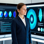 A professional female textile engineer, fully clothed in a smart, modest business suit, standing in a state-of-the-art research and development lab. She is focused on a large holographic display showing intricate 3D textile designs and complex data analytics, with advanced machinery and smart textile samples visible in the background. The scene is bathed in clean, bright, professional lighting. Perfect anatomy, correct proportions, natural pose, well-formed hands, proper finger count, natural body proportions, safe for work, appropriate content, professional, high-quality, ultra-detailed.