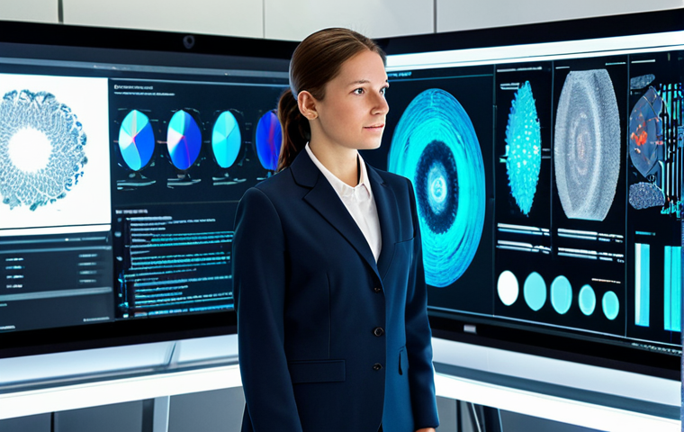 A professional female textile engineer, fully clothed in a smart, modest business suit, standing in a state-of-the-art research and development lab. She is focused on a large holographic display showing intricate 3D textile designs and complex data analytics, with advanced machinery and smart textile samples visible in the background. The scene is bathed in clean, bright, professional lighting. Perfect anatomy, correct proportions, natural pose, well-formed hands, proper finger count, natural body proportions, safe for work, appropriate content, professional, high-quality, ultra-detailed.