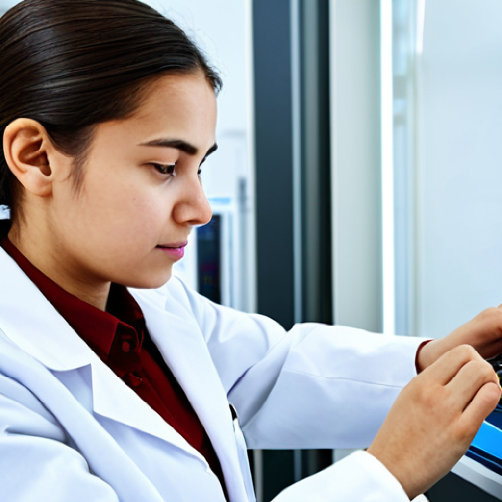 A focused young female textile engineering student in a clean, modest lab coat, meticulously operating advanced textile machinery within a brightly lit, high-tech university laboratory. Her hands are precisely adjusting controls, and a digital interface displaying data is visible in the background. The scene emphasizes professional practical training and the integration of technology. Perfect anatomy, correct proportions, natural pose, well-formed hands, proper finger count, natural body proportions, fully clothed, appropriate attire, professional dress, safe for work, appropriate content, professional photography, high quality.