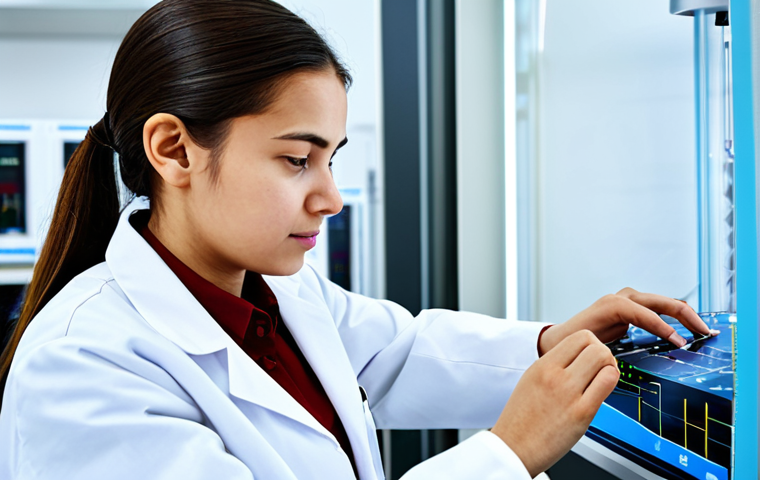 A focused young female textile engineering student in a clean, modest lab coat, meticulously operating advanced textile machinery within a brightly lit, high-tech university laboratory. Her hands are precisely adjusting controls, and a digital interface displaying data is visible in the background. The scene emphasizes professional practical training and the integration of technology. Perfect anatomy, correct proportions, natural pose, well-formed hands, proper finger count, natural body proportions, fully clothed, appropriate attire, professional dress, safe for work, appropriate content, professional photography, high quality.