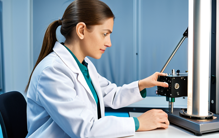 A professional female textile engineer, fully clothed in a modest lab coat and appropriate attire, meticulously examining fabric on a tensile testing machine in a bright, modern textile laboratory. Her expression is focused and analytical. The setting is clean and well-lit. Safe for work, appropriate content, professional, family-friendly, perfect anatomy, correct proportions, natural pose, well-formed hands, proper finger count, natural body proportions, professional photography, high quality, realistic.