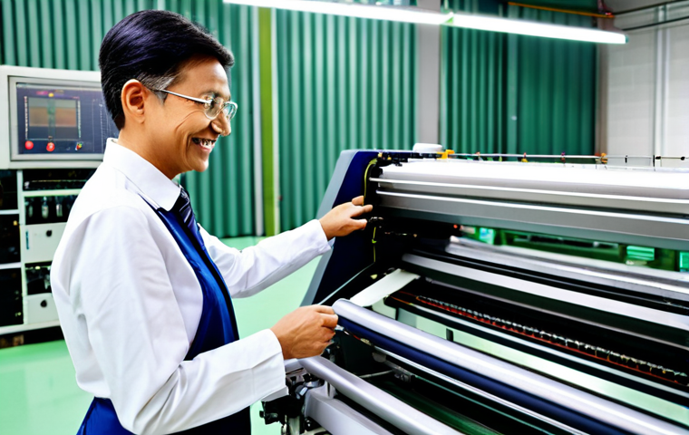 **

"A confident, smiling textile engineer in a modern factory setting, inspecting a high-tech weaving machine, fully clothed in professional attire, safe for work, appropriate content, perfect anatomy, natural proportions, professional lighting, family-friendly, high resolution."

**