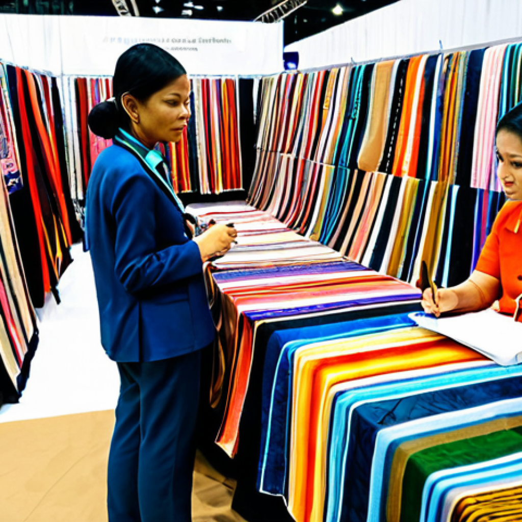 **

A vibrant textile trade show in Bangkok, Thailand. Booths display colorful Thai silk fabrics, innovative batik designs, and traditional weaving techniques. Journalists with press badges are interviewing designers and taking notes. The atmosphere is bustling and filled with energy. Focus on the rich textures and colors of the fabrics, showcasing the craftsmanship and artistry of Thai textiles. appropriate attire, safe for work, perfect anatomy, natural proportions, professional photography, high quality.

**