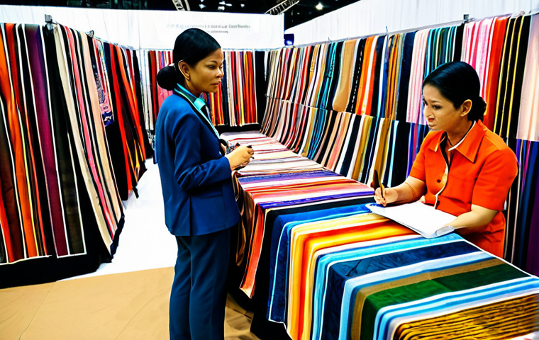 **

A vibrant textile trade show in Bangkok, Thailand. Booths display colorful Thai silk fabrics, innovative batik designs, and traditional weaving techniques. Journalists with press badges are interviewing designers and taking notes. The atmosphere is bustling and filled with energy. Focus on the rich textures and colors of the fabrics, showcasing the craftsmanship and artistry of Thai textiles. appropriate attire, safe for work, perfect anatomy, natural proportions, professional photography, high quality.

**