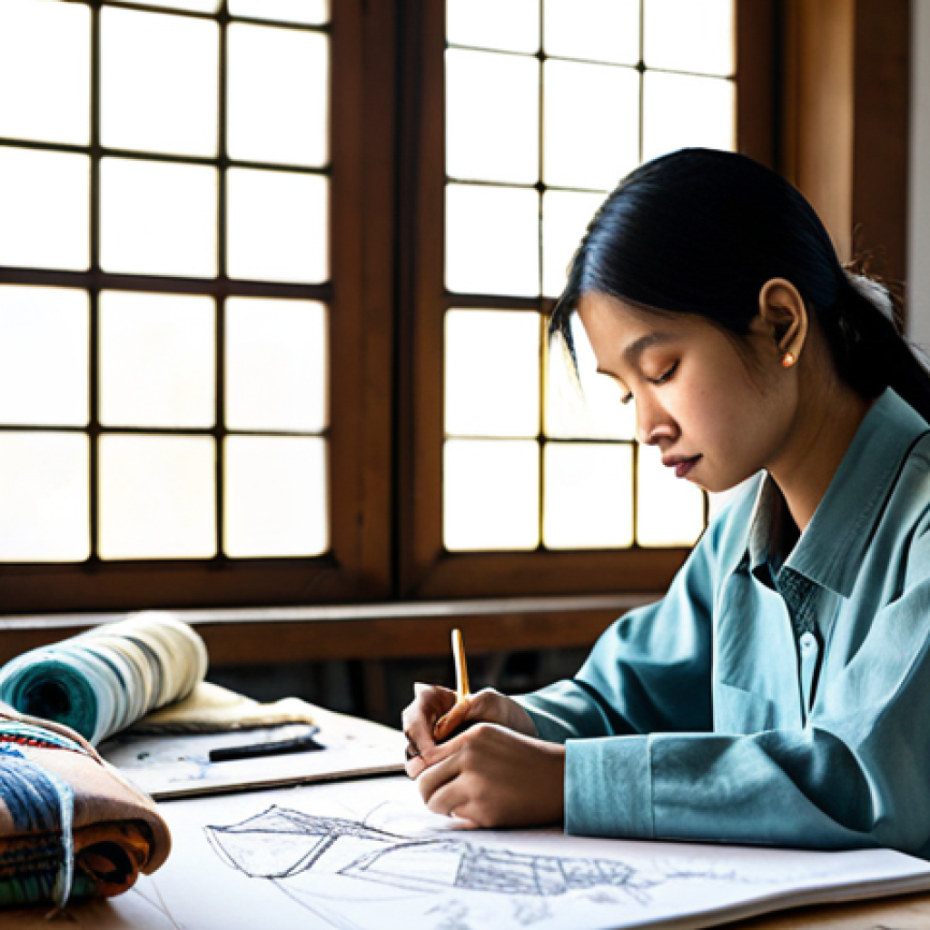 Sustainable Textile Design**

"A fashion design studio showcasing eco-friendly textiles. A Thai designer, fully clothed in modest attire, is sketching designs at a workstation surrounded by samples of organic cotton, recycled fibers, and naturally dyed fabrics. Sunlight streams through a large window. Safe for work, appropriate content, perfect anatomy, natural proportions, professional, family-friendly."

**