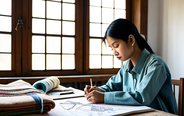 Sustainable Textile Design**

"A fashion design studio showcasing eco-friendly textiles. A Thai designer, fully clothed in modest attire, is sketching designs at a workstation surrounded by samples of organic cotton, recycled fibers, and naturally dyed fabrics. Sunlight streams through a large window. Safe for work, appropriate content, perfect anatomy, natural proportions, professional, family-friendly."

**