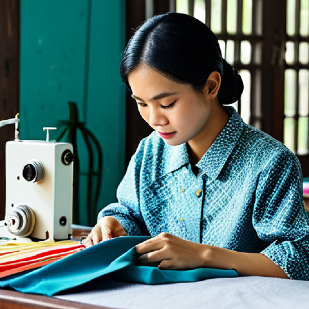 **

"A professional Thai seamstress in modest traditional clothing, focused on operating a modern sewing machine in a bright, well-organized textile workshop filled with colorful fabrics, fully clothed, appropriate attire, safe for work, perfect anatomy, natural proportions, professional, modest, family-friendly, high quality."

**