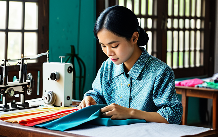 **

"A professional Thai seamstress in modest traditional clothing, focused on operating a modern sewing machine in a bright, well-organized textile workshop filled with colorful fabrics, fully clothed, appropriate attire, safe for work, perfect anatomy, natural proportions, professional, modest, family-friendly, high quality."

**