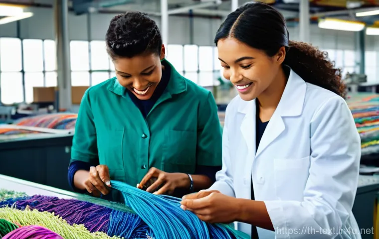 섬유기사 실기시험의 준비 단계 - **Prompt:** A group of diverse textile engineers, both male and female, in their late 20s to early 4...