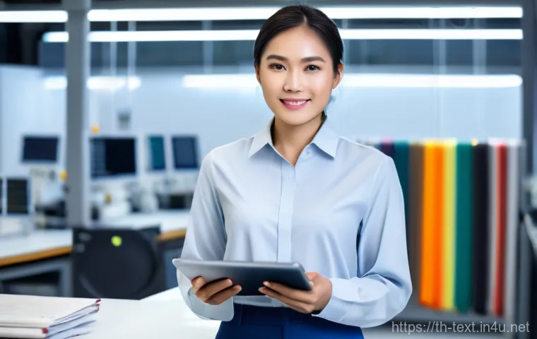 섬유기사와 자격증 취득의 중요성 - A confident Thai female textile engineer in her late 20s, wearing a stylish yet professional blouse ...