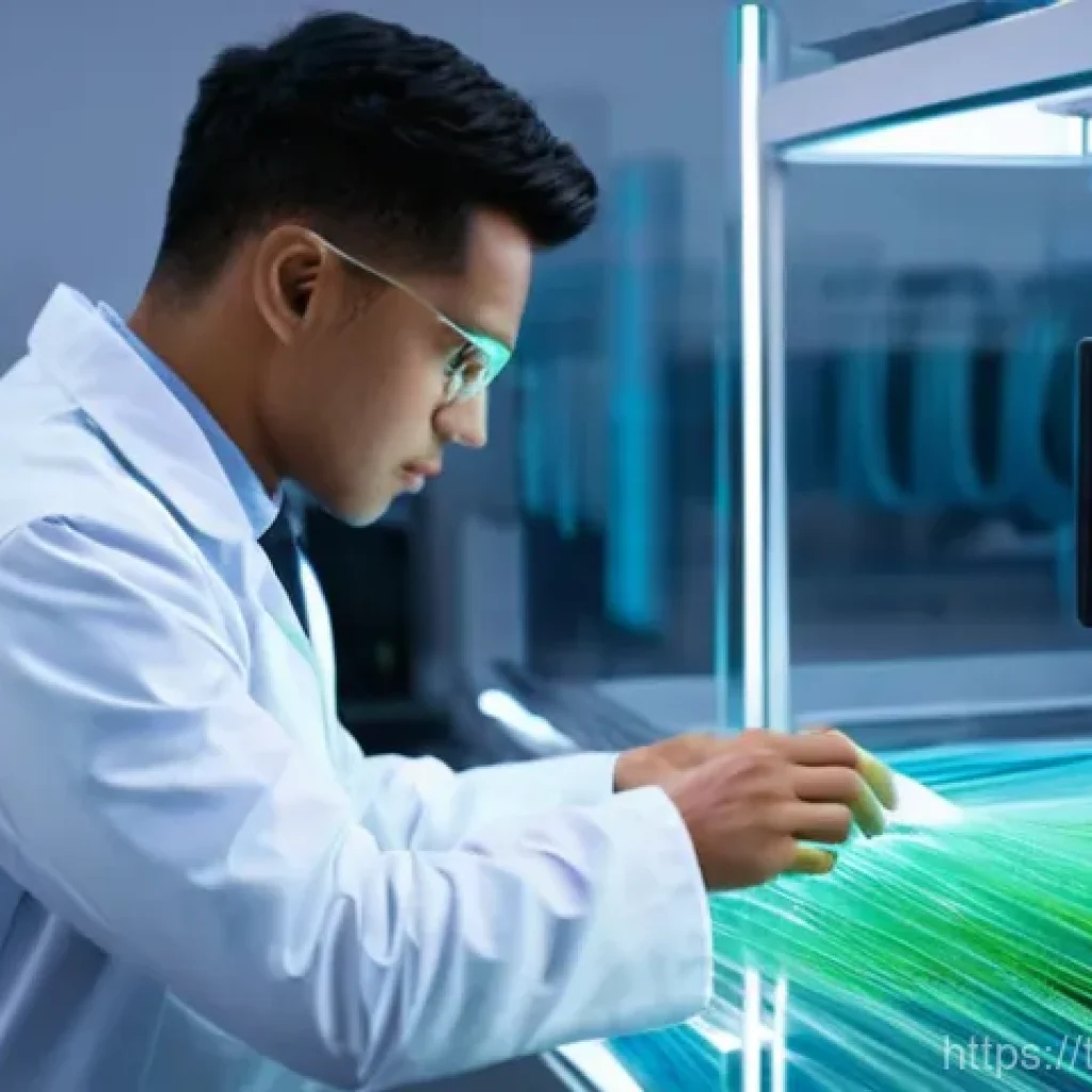 섬유기사와 직업적 성공 사례 - **Prompt:** A dynamic, brightly lit textile innovation lab. A diverse team of modern textile enginee...