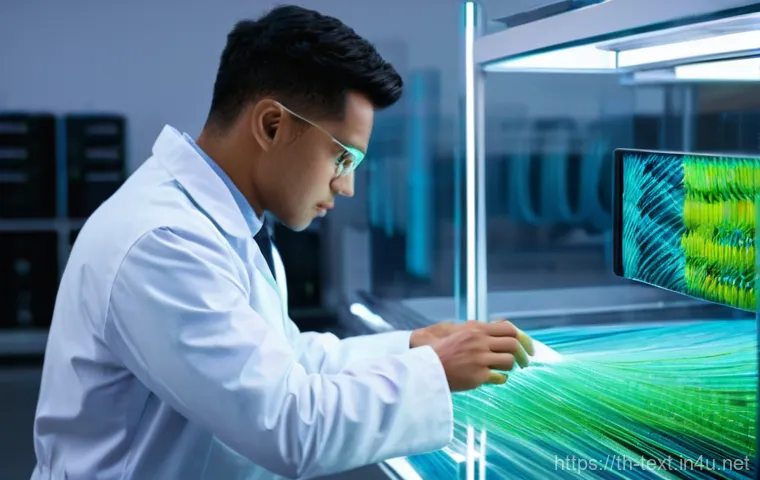 섬유기사와 직업적 성공 사례 - **Prompt:** A dynamic, brightly lit textile innovation lab. A diverse team of modern textile enginee...