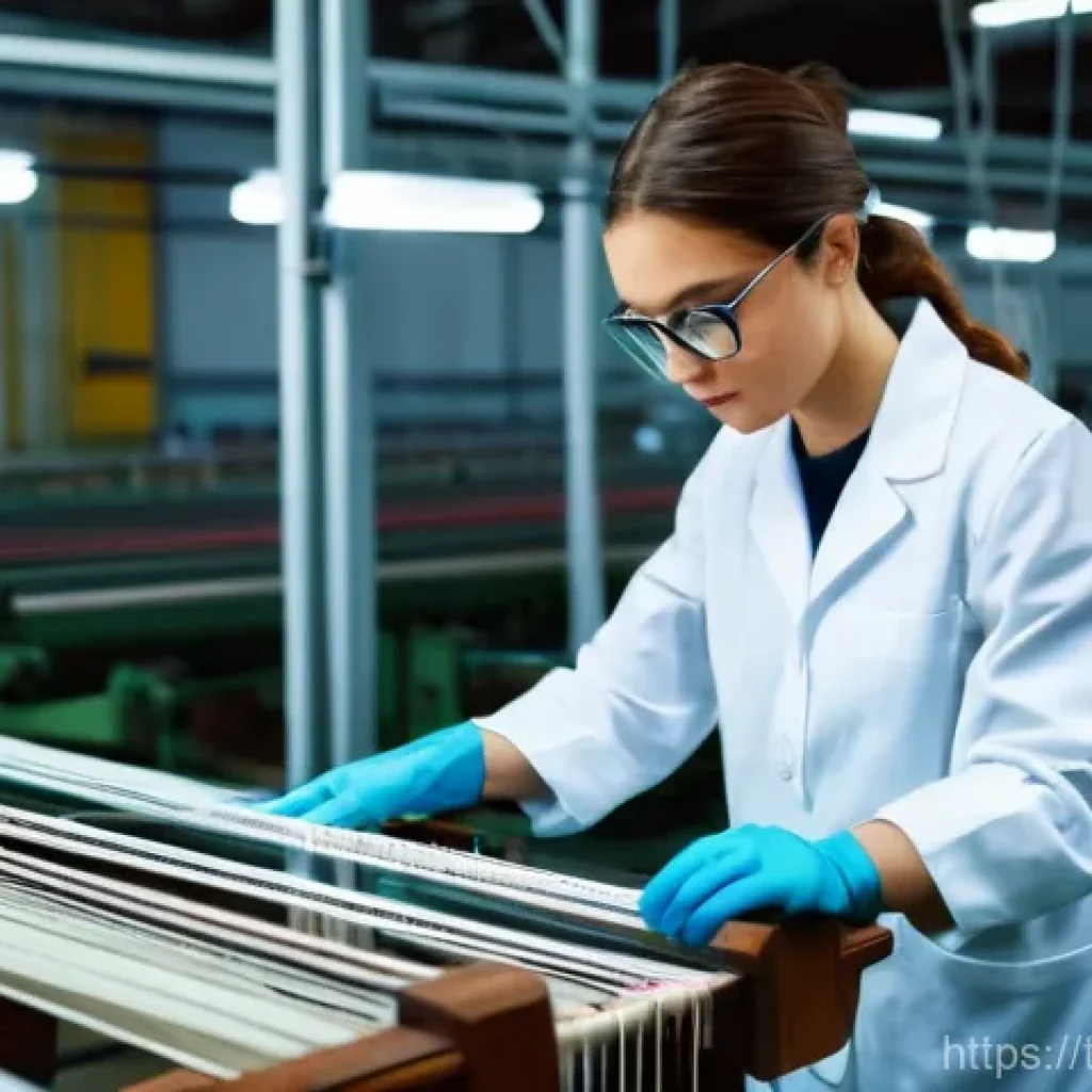 섬유기사 시험 채점 기준 - A focused and detail-oriented female textile engineer, in her late 20s, wearing a practical yet styl...