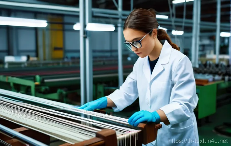 섬유기사 시험 채점 기준 - A focused and detail-oriented female textile engineer, in her late 20s, wearing a practical yet styl...