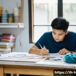 섬유기사 실기시험의 중요성 - A focused young adult student in a well-lit, organized sewing workshop in Bangkok, Thailand, wearing...