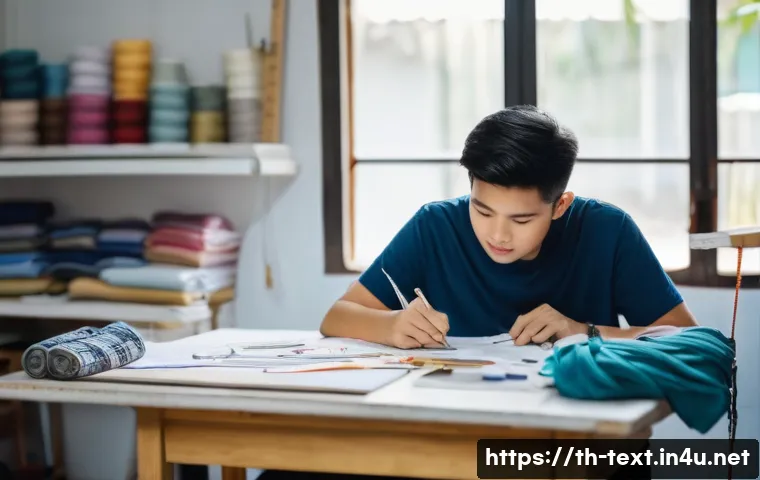 섬유기사 실기시험의 중요성 - A focused young adult student in a well-lit, organized sewing workshop in Bangkok, Thailand, wearing...