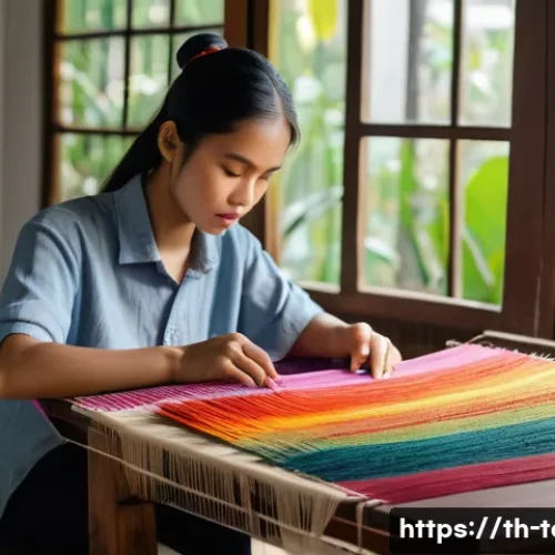 섬유기사 독학 가능성 - A focused young Thai student studying traditional weaving techniques at home, surrounded by colorful...