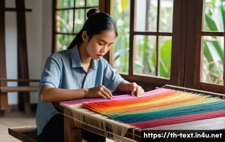 섬유기사 독학 가능성 - A focused young Thai student studying traditional weaving techniques at home, surrounded by colorful...