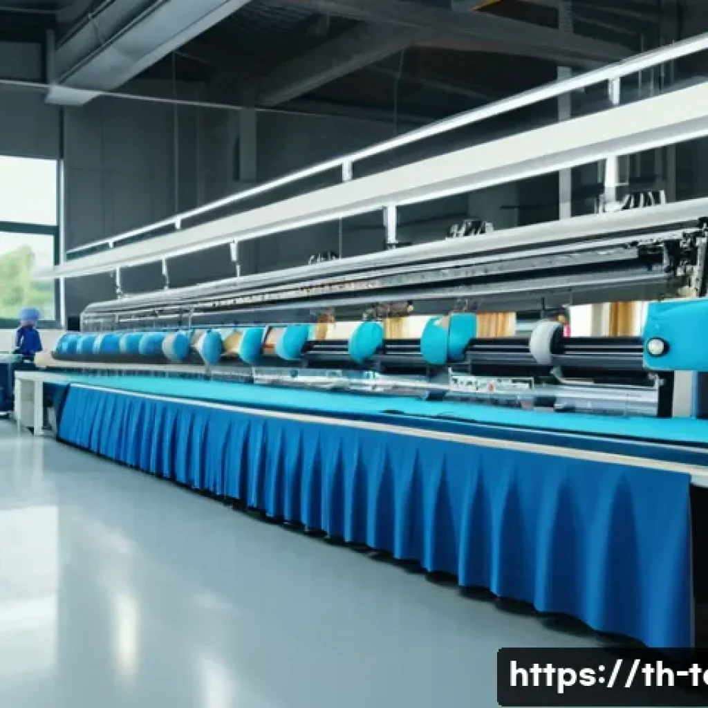 섬유기사와 생산공정 관리 - A modern textile factory interior featuring automated cutting and sewing robots working precisely on...