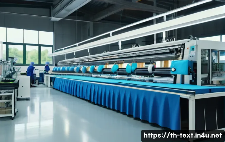 섬유기사와 생산공정 관리 - A modern textile factory interior featuring automated cutting and sewing robots working precisely on...