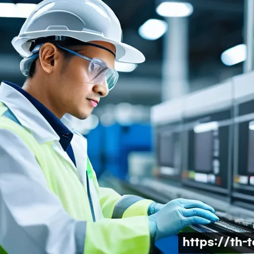 섬유기사와 직업의 안정성 - A modern textile factory technician wearing protective workwear and safety glasses, operating advanc...