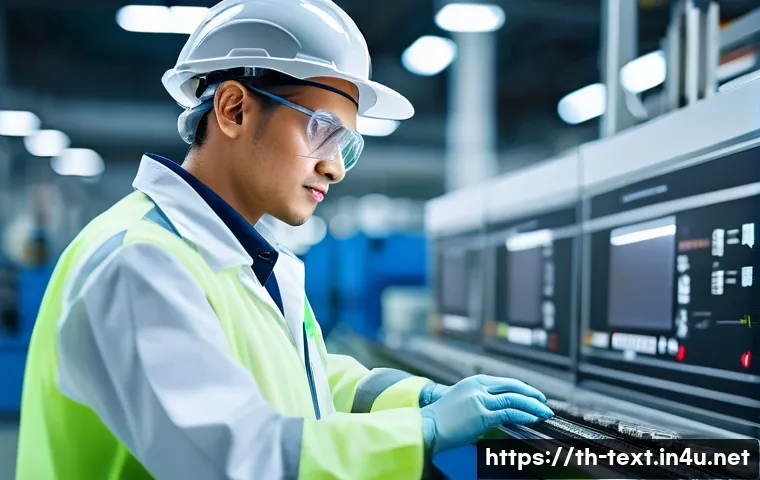 섬유기사와 직업의 안정성 - A modern textile factory technician wearing protective workwear and safety glasses, operating advanc...