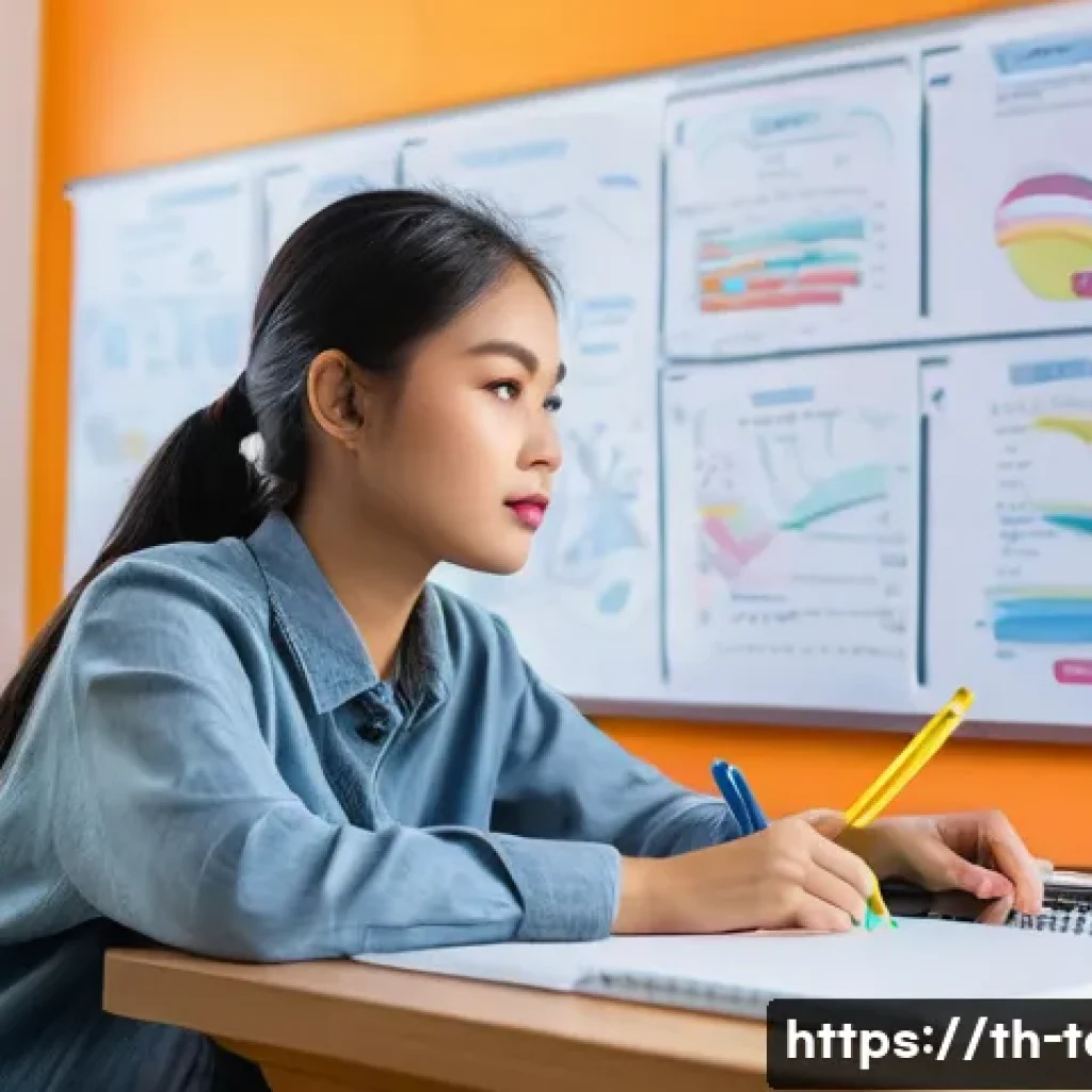 섬유기사 합격 공부 시간 배분 - A detailed study room scene in Thailand, showing a young Thai student wearing casual clothes sitting...