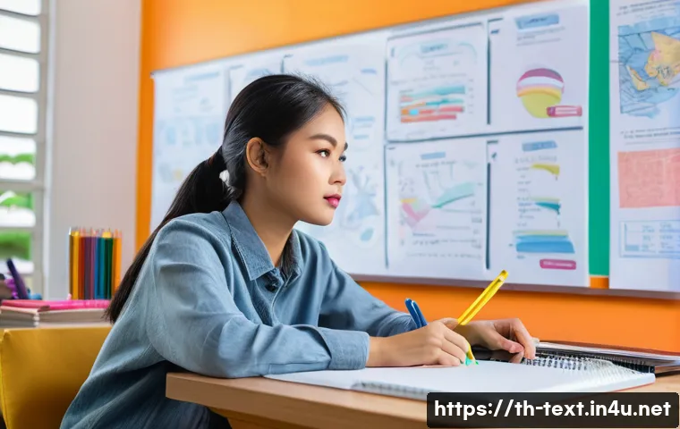 섬유기사 합격 공부 시간 배분 - A detailed study room scene in Thailand, showing a young Thai student wearing casual clothes sitting...