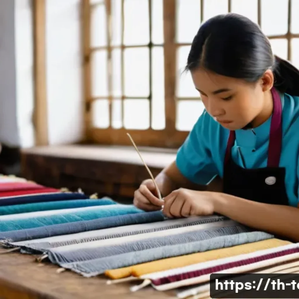 섬유기사 실기시험 팁과 노하우 - A focused young Thai textile student wearing neat casual clothes and a protective apron, sitting at ...