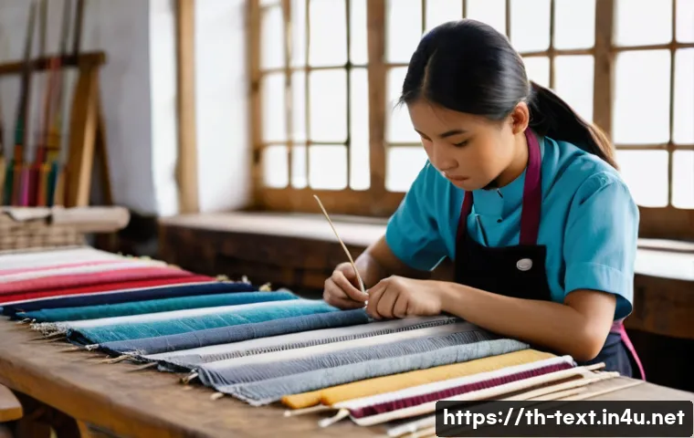 섬유기사 실기시험 팁과 노하우 - A focused young Thai textile student wearing neat casual clothes and a protective apron, sitting at ...