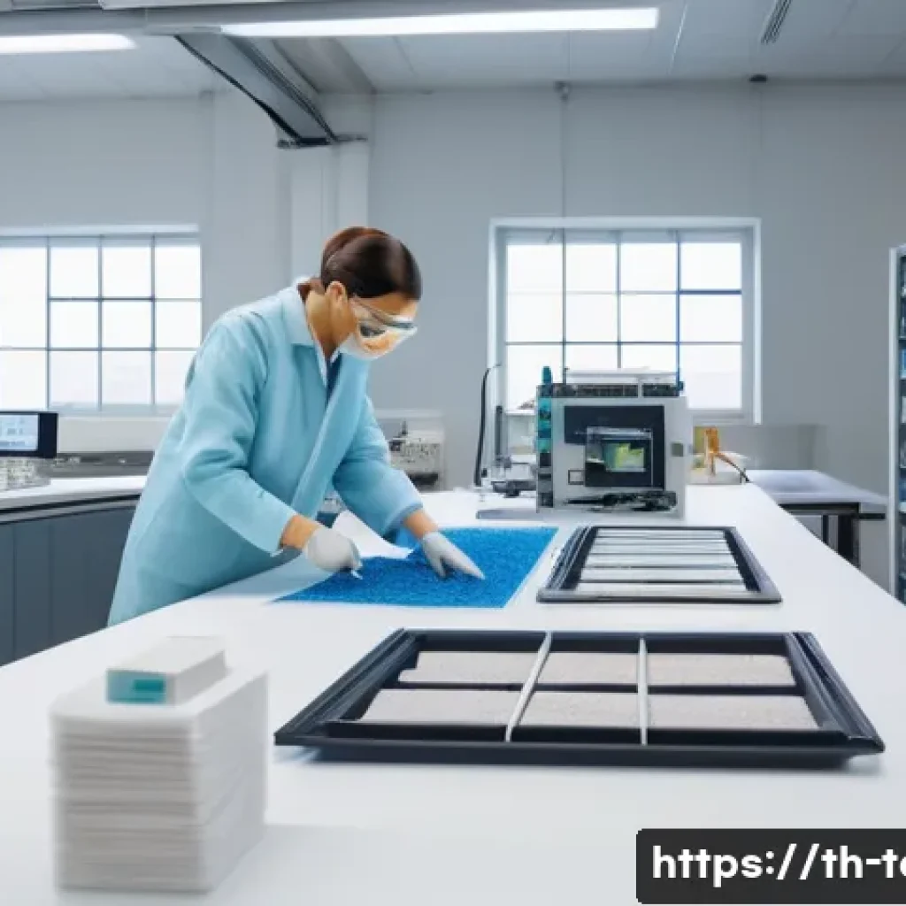 섬유기사 실기시험의 준비 방법 - A detailed scene of a professional textile fiber laboratory setup, showing various fiber samples lik...