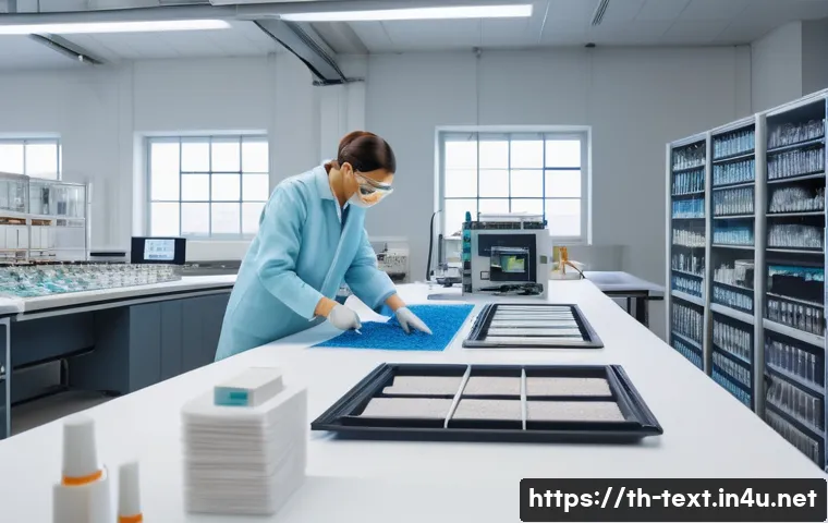 섬유기사 실기시험의 준비 방법 - A detailed scene of a professional textile fiber laboratory setup, showing various fiber samples lik...