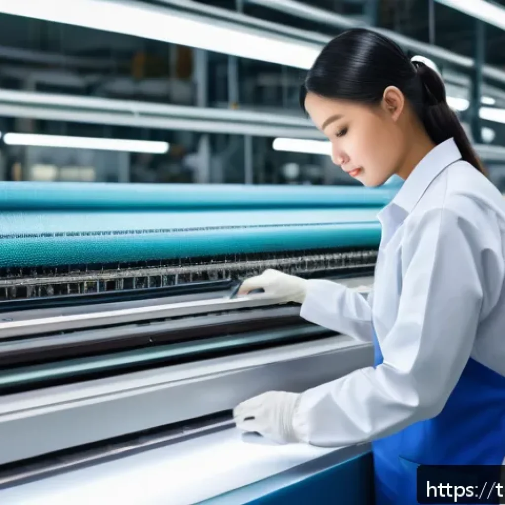 섬유기사와 최신 시험 동향 - A modern textile technician in a high-tech factory setting, wearing clean, professional work clothes...