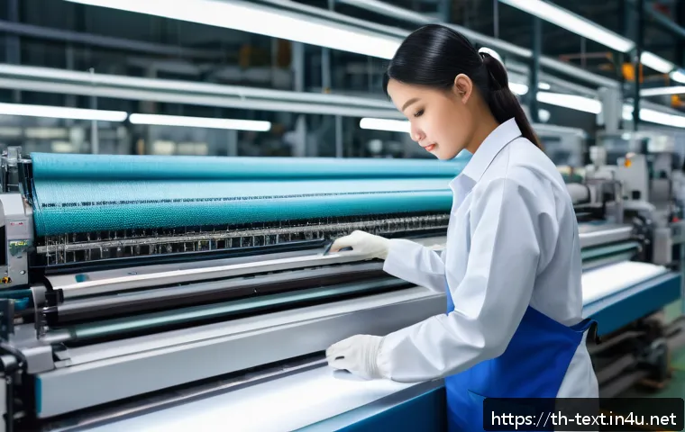 섬유기사와 최신 시험 동향 - A modern textile technician in a high-tech factory setting, wearing clean, professional work clothes...