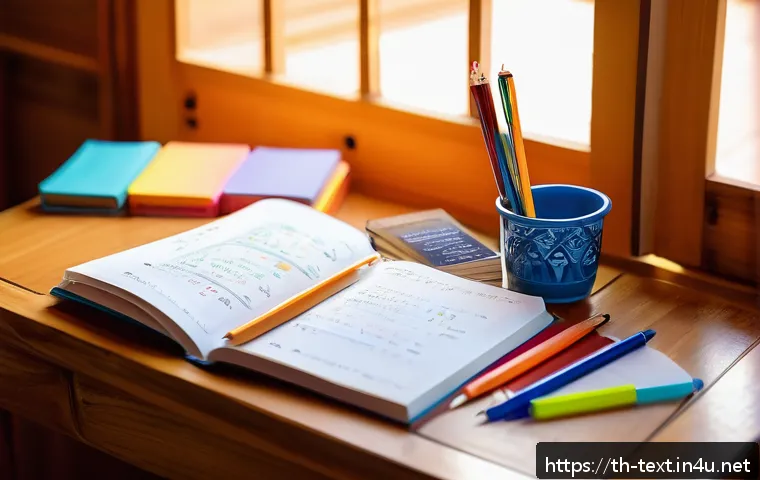 섬유기사 필기시험의 공부 전략 - A cozy Thai student&rsquo;s study corner in a traditional wooden house, sunlight streaming through wooden ...