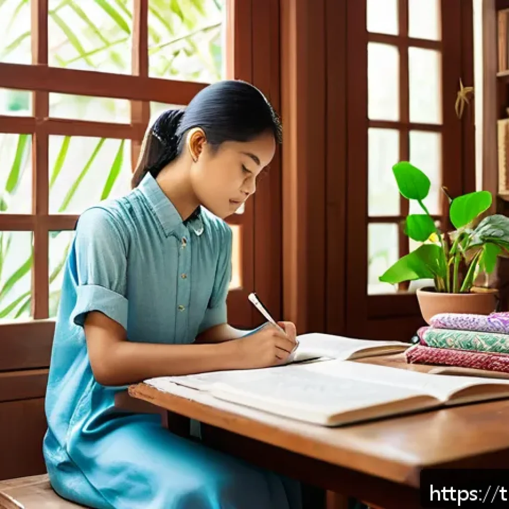 섬유기사와 필기시험 준비의 중요성 - A focused scene of a young Thai student sitting at a traditional wooden desk in a cozy study room fi...