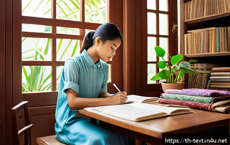 섬유기사와 필기시험 준비의 중요성 - A focused scene of a young Thai student sitting at a traditional wooden desk in a cozy study room fi...