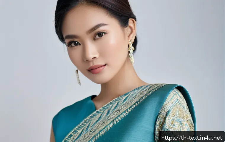 섬유기사와 패션업계 연계성 - A contemporary Thai fashion photoshoot featuring a female model wearing an elegant outfit made from ...