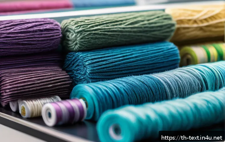 섬유기사 필기시험의 예상 문제 - A detailed close-up of various textile fibers under a microscope, showcasing natural fibers like cot...