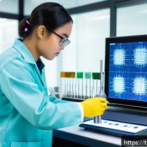 Home 33 섬유기사 필수 실험 장비 - A modern textile laboratory scene showcasing a digital fiber density measuring device in use by a sk...