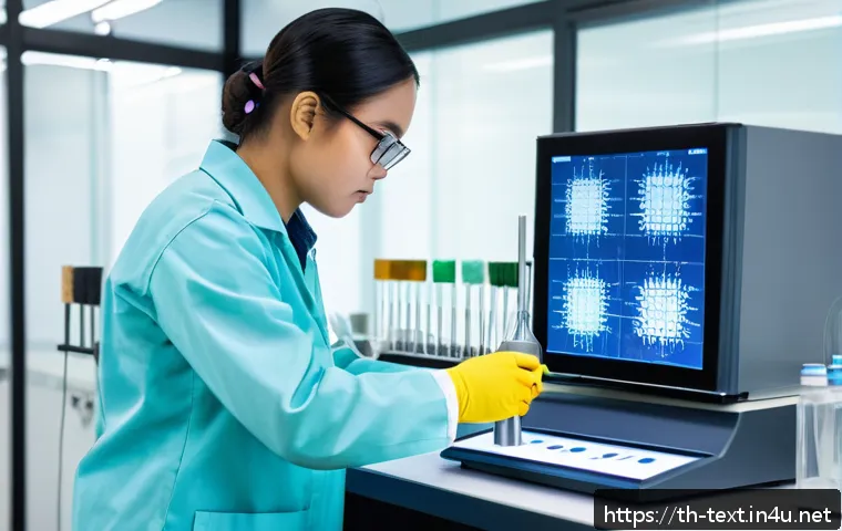 섬유기사 필수 실험 장비 - A modern textile laboratory scene showcasing a digital fiber density measuring device in use by a sk...