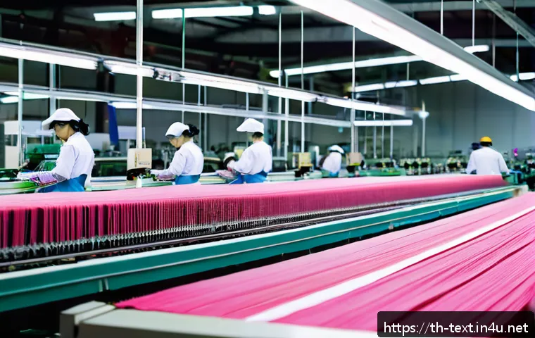 섬유기사와 관련 직종의 연봉 비교 - A detailed scene inside a modern Thai textile factory with skilled workers operating advanced automa...