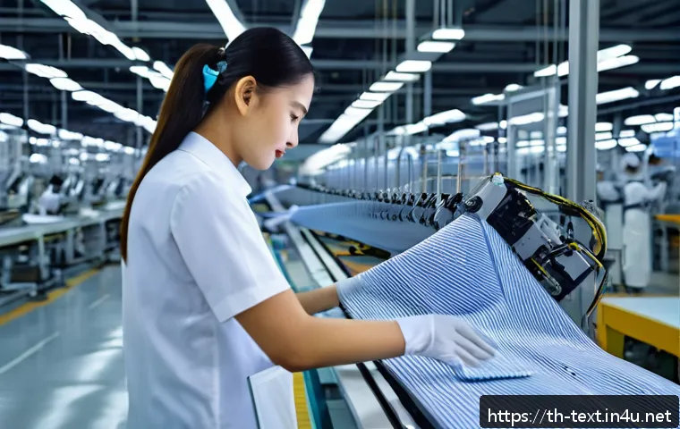 섬유기사와 공정 혁신 사례 - A high-tech textile factory in Bangkok featuring advanced robotic arms precisely cutting fabric on a...