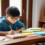 Home 18 섬유기사 필기시험 대비 전략 - A focused young Thai student sitting at a neat wooden desk in a cozy room filled with textbooks and ...